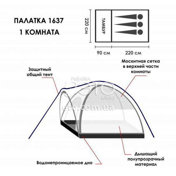 Палатка туристическая трёхместная с тамбуром 1637